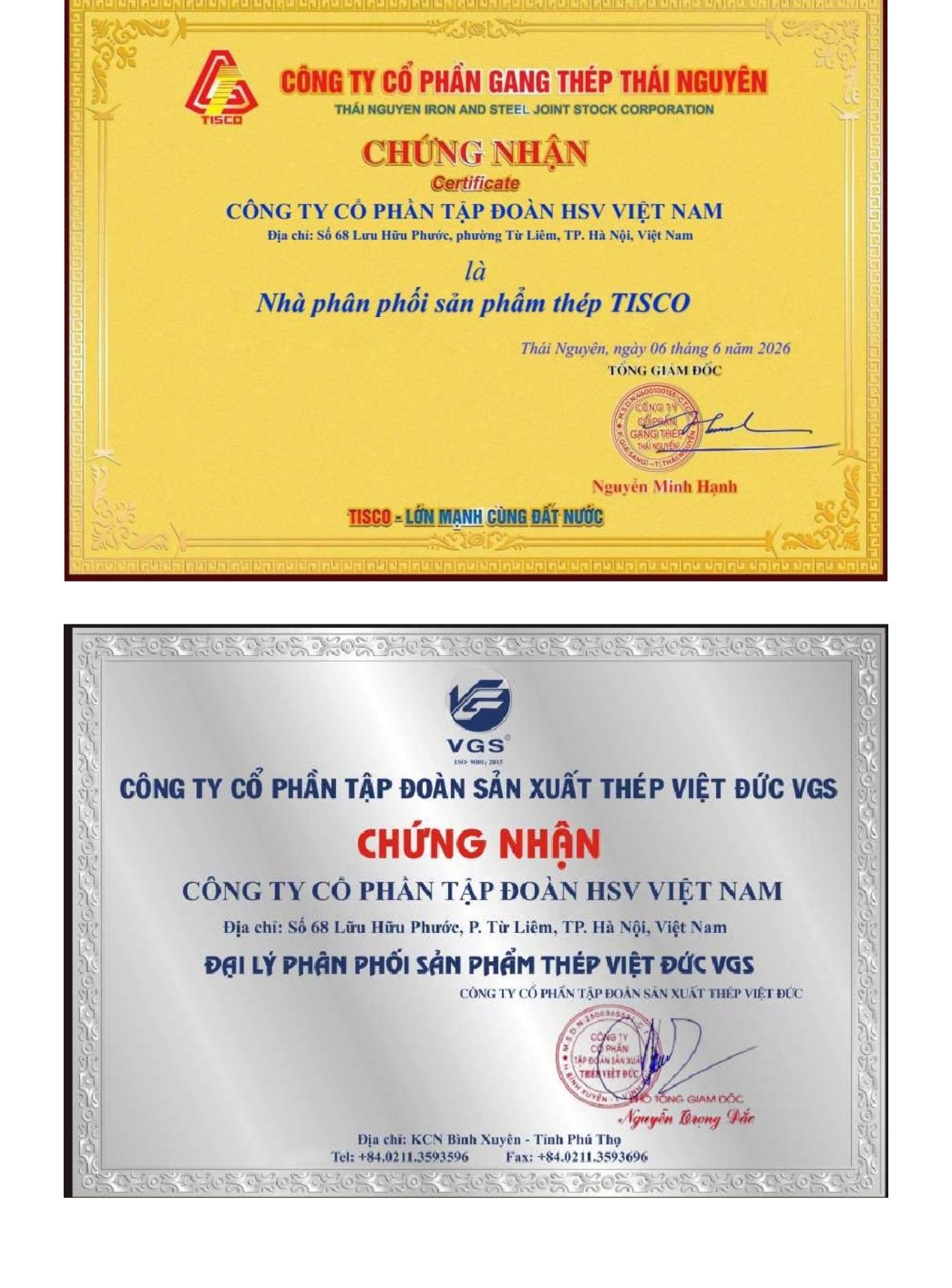 Chứng nhận nhà phân phối TISCO và đại lý thép Việt Đức VGS